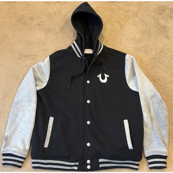 Vintage TRUE RELIGION Mens Varsity Jacket Hood Warm Fleece Lining XL - Picture 1 of 8